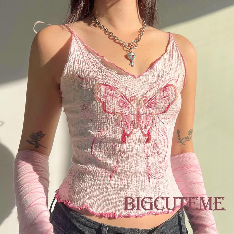 Áo Hai Dây Cổ Chữ V Buộc Dây Hở Lưng In Họa Tiết Bướm Màu Hồng Thời Trang Mùa Hè Cho Nữ