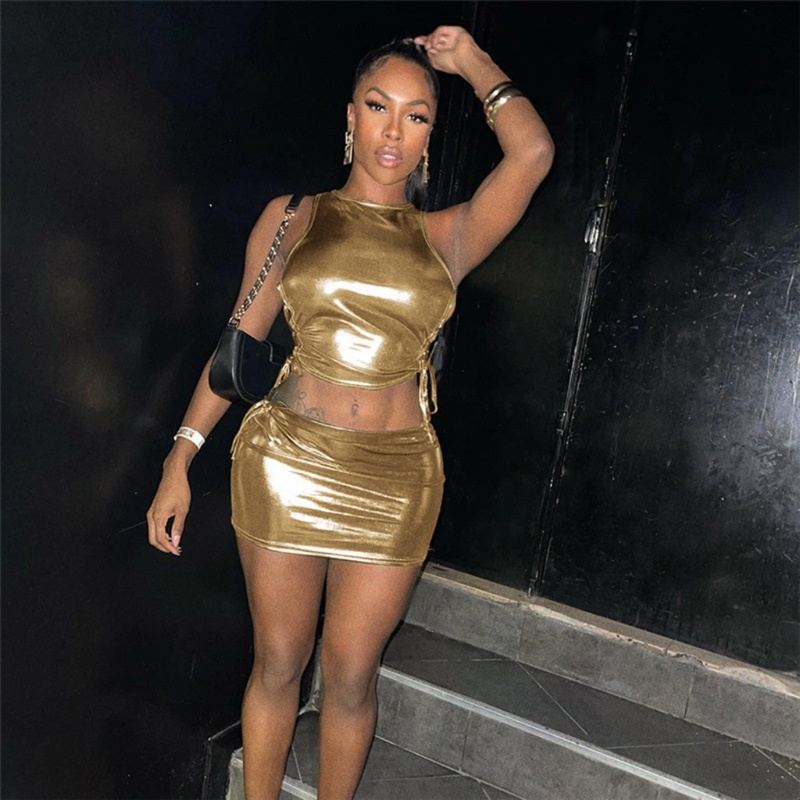 Xiangbao Đầm Midi Cổ Tròn Sáng Màu Trơn Khoét Rỗng Hai Mảnh