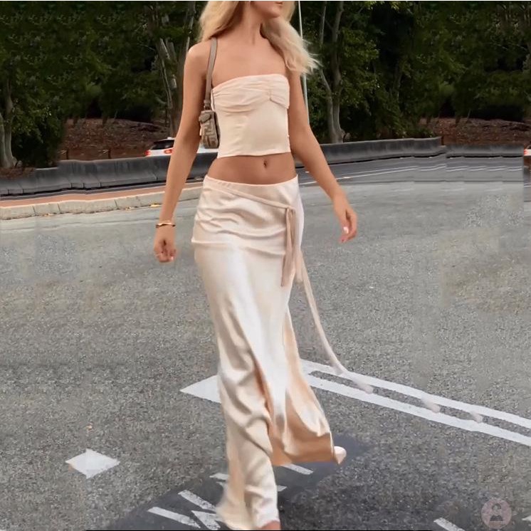 Bộ Áo Ống Hở Lưng Buộc Dây + Chân Váy Dài Eo Thấp Thời Trang Mùa Hè Cho Nữ