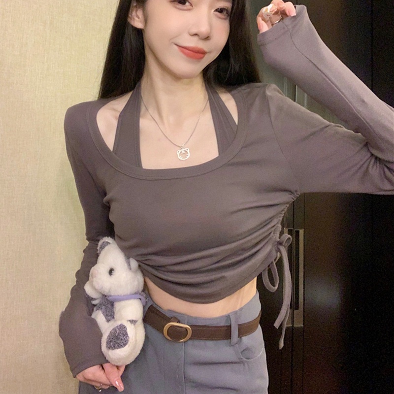 IELGY   Áo Thun Cổ Yếm Rút Dây Màu Trơn IELGY    Cho Nữ