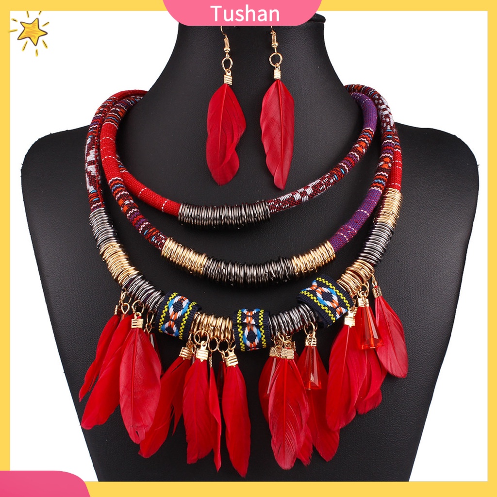 Bộ 2 Vòng cổ + Bông Tai Hình Lông Vũ + Bông Tai Nhiều Lớp Phong Cách Bohemia