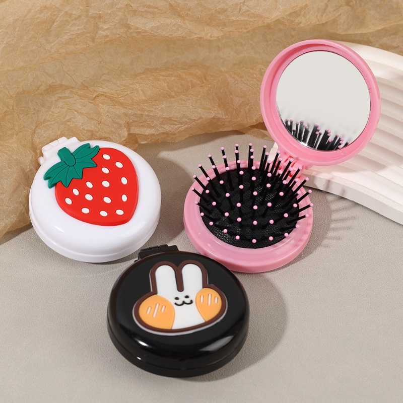 Lược Chải Tóc Tích Hợp Gương Hình Tròn Mini Họa Tiết Hoạt Hình Dễ Thương Có Thể Gập Lại