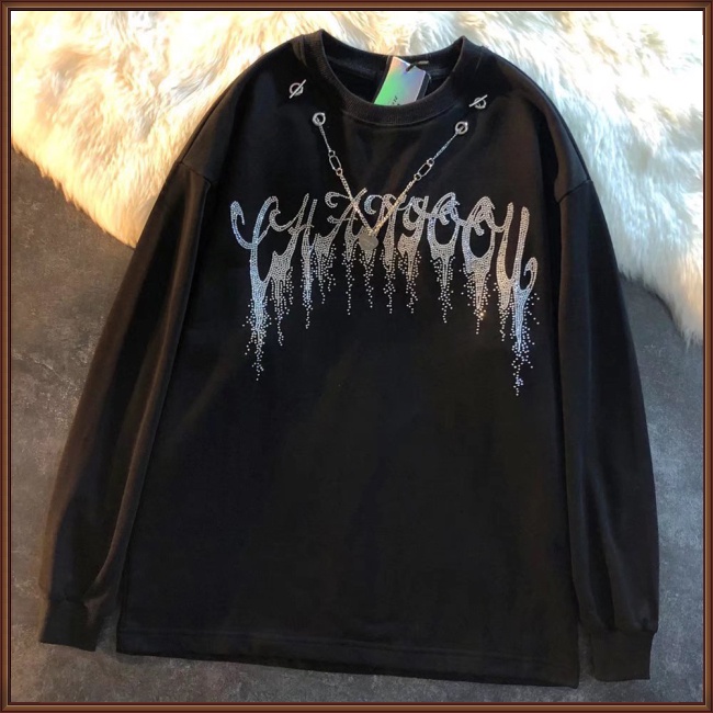 Áo Sweater Cotton Cổ Tròn Tay Dài Dáng Rộng Màu Trơn Phối Dây Xích Thời Trang Cho Nam Và Nữ