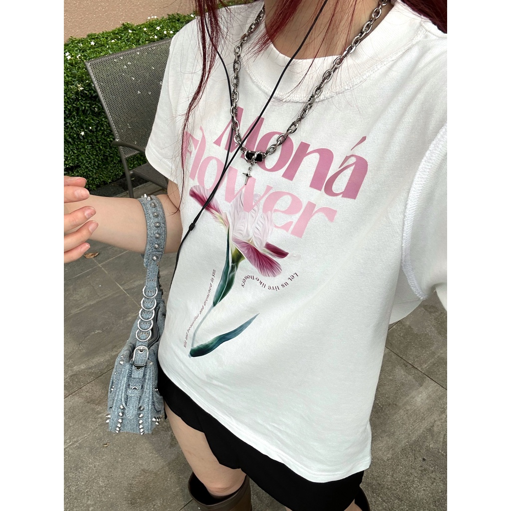 Áo thun baby tee in hoa MONÁ - FLEUR TRẮNG- SM2023