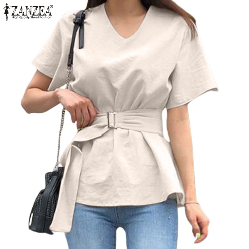 Zanzea Áo Kiểu Tay Ngắn Cổ Chữ V Có Nút Thắt Lưng Tháo Rời Được Phong Cách Hàn
