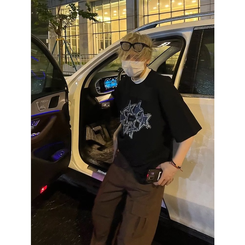 Áo Thun Denim Tay Ngắn Dáng Rộng Thêu Hình Ngôi Sao Phong Cách Harajuku Hàn Quốc Thời Trang Mùa Hè Cho Nam Và Nữ