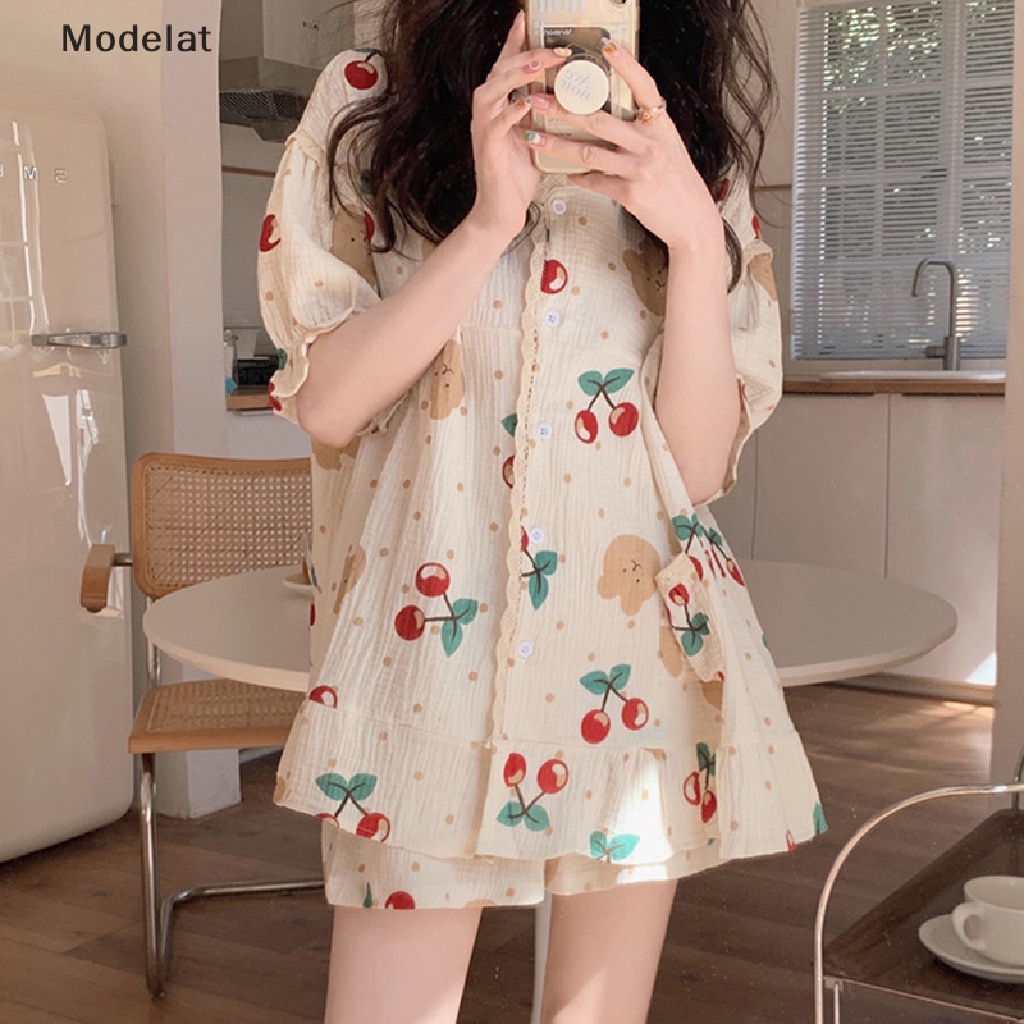 Mfc Bộ Đồ Ngủ 2 Món Tay Ngắn Cổ Bẻ In Họa Tiết Hoạt Hình Chú Gấu / Cherry Đáng Yêu Thời Trang Mùa Hè Cho Nữ