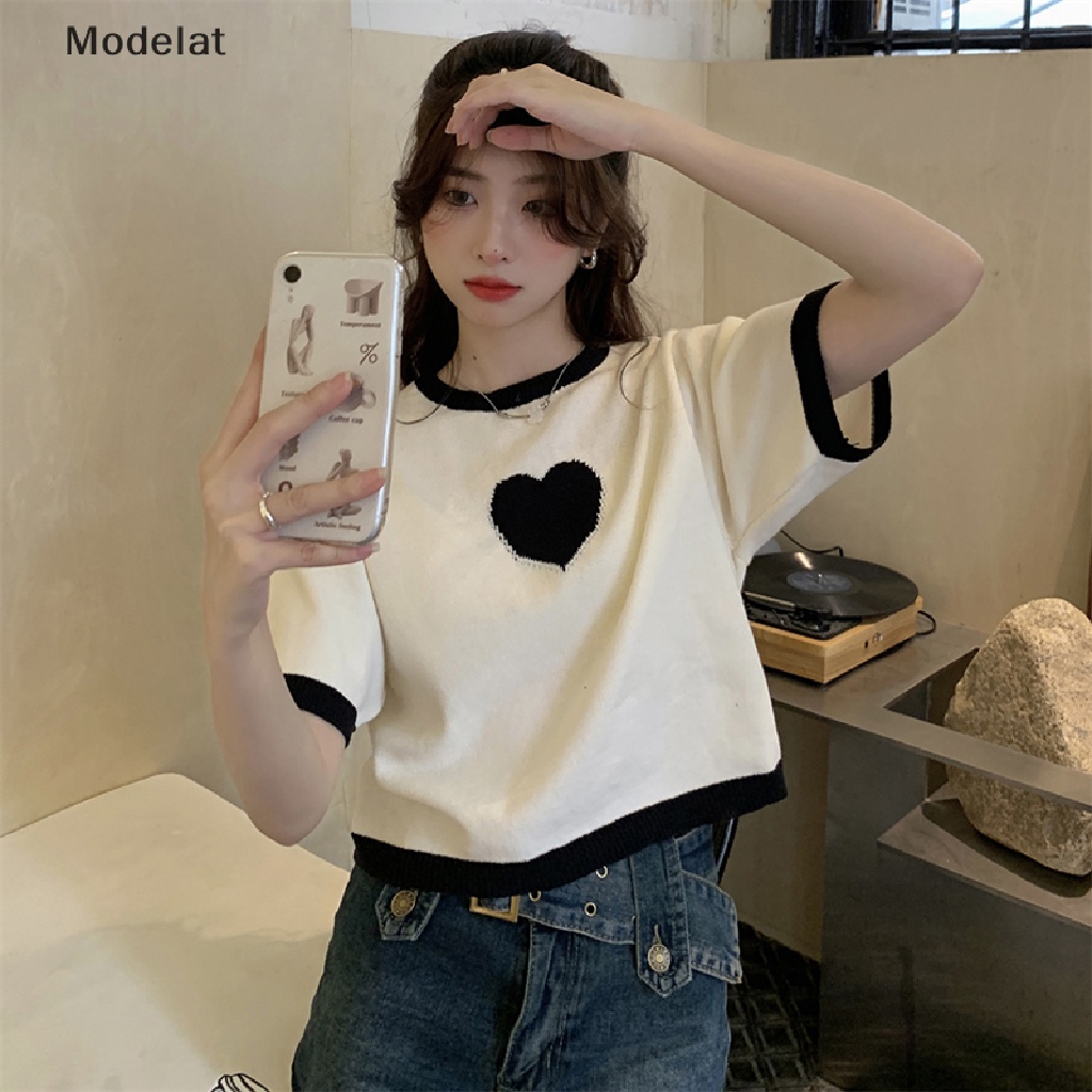 Áo Thun Croptop Dệt Kim Tay Ngắn Cổ Tròn Dáng Rộng In Hình Trái Tim Thời Trang Mùa Hè Cho Nữ