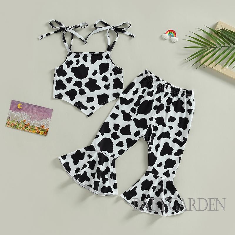 Set Áo Hai Dây Họa Tiết Bò Sữa 9 Tháng - 4 Tuổi + Quần Ống Loe Co Giãn Thời Trang Cho Bé Gái