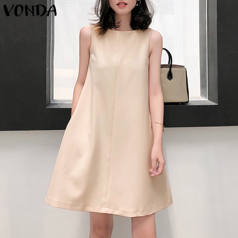 Đầm chữ A VONDA không tay cổ tròn màu trơn phối túi phong cách Hàn Quốc thời trang cho nữ