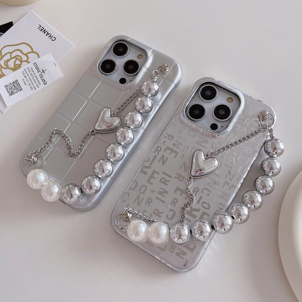 Ốp Điện Thoại Da Hình Khối Lập Phương Màu Bạc Sáng Đính Ngọc Trai Cho iPhone 14 13promax 12 11