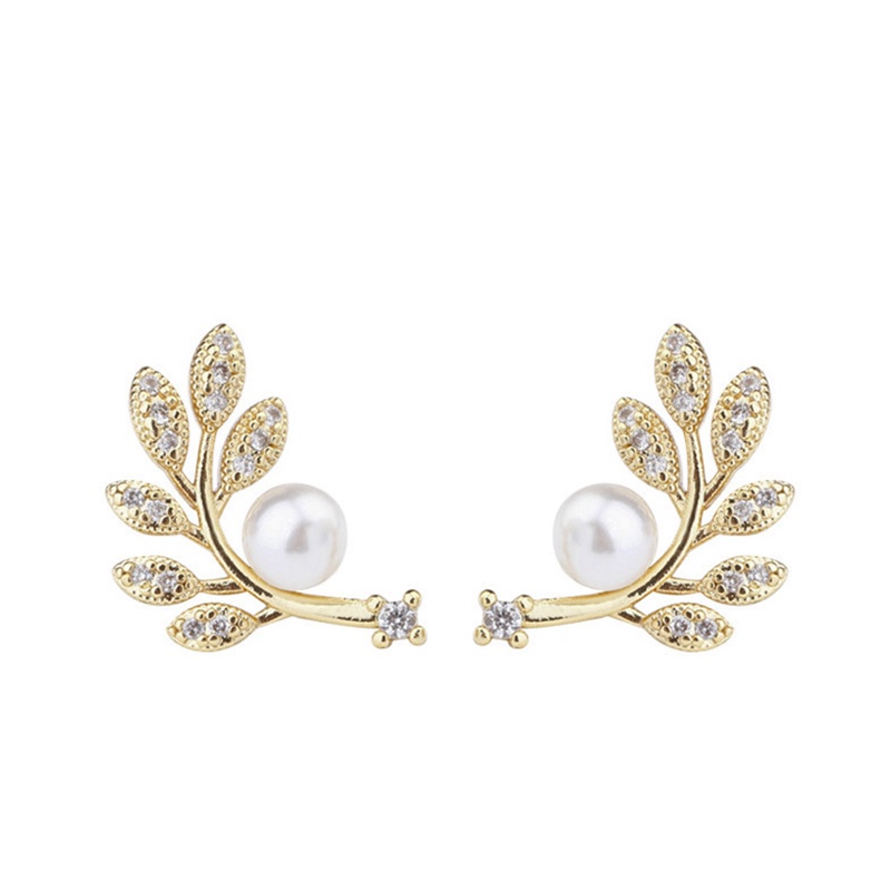 Bông Tai Hình Chiếc Lá Đính Ngọc Trai Đơn Giản Phong Cách Retro Hàn Quốc