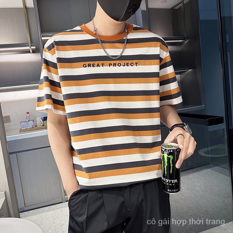 1sn2 Áo Thun Tay Lửng Họa Tiết Kẻ Sọc Thời Trang Mùa Hè 2023 Phong Cách Đường Phố Mới Cho Nam