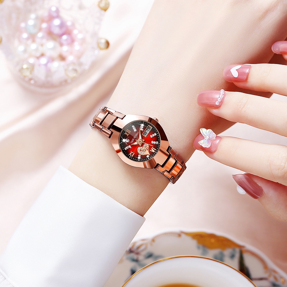 Đồng Hồ Đeo Tay Máy Quartz Hai Mặt Hình Trái Tim Đính Kim Cương Chống Thấm Nước Thời Trang Cho Nữ