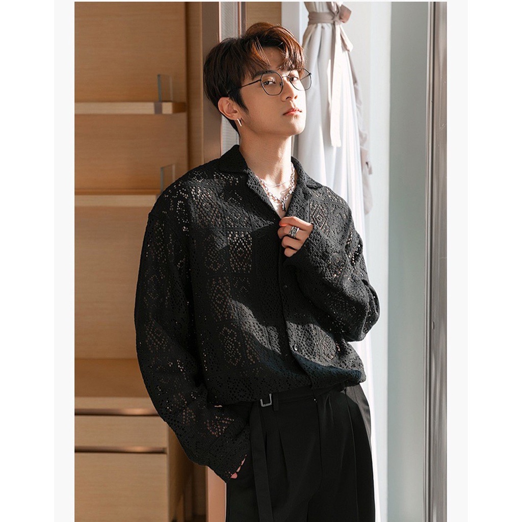 Sơ mi Ren nam tay dài xuyên thấu sexy form rộng