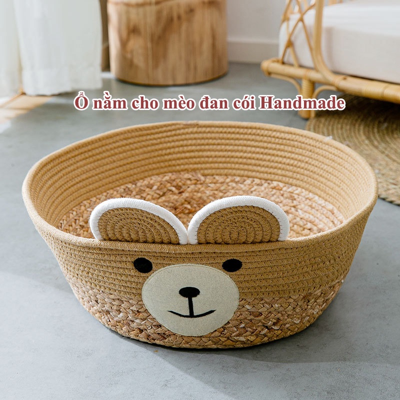 Ổ nằm cho mèo cói mây đan tay Handmade kèm thảm màu gấu nâu cực sịn tích hợp cào móng