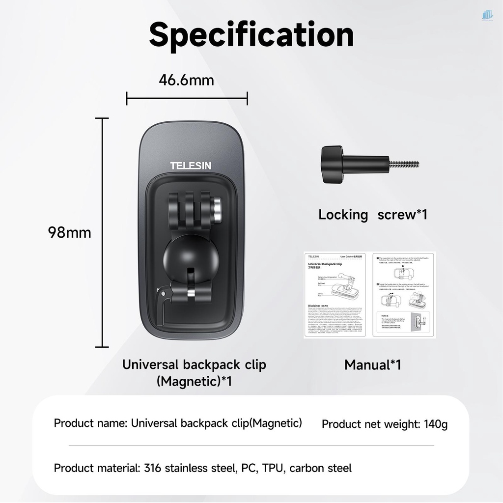 TELESIN Kẹp Gắn Ba Lô Cam 3600 / 360Mm Đa Ứng Dụng°Kẹp Gắn Dây Đeo Có Thể Điều Chỉnh Nhanh 11 / 10 / 9 / 8