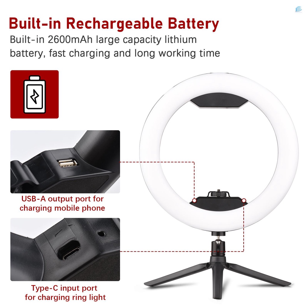 Vòng Đèn LED Video Cầm Tay 12 Inch 3200K-5500K Có Thể Điều Chỉnh Độ Sáng Tích Hợp Pin Hai Mặt Để Bàn + Bộ Chuyển Đổi Đầu Bi + Giá Đỡ Điện Thoại Linh Hoạt