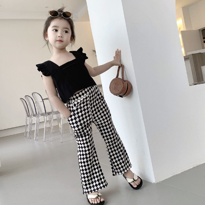 Hàng Mới Về Set Áo Thun Ngắn Tay + Quần Dài Ống Rộng Họa Tiết Sọc Thời Trang Cho Bé Gái