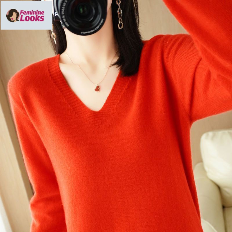 Áo Sweater Tay Dài Cổ Chữ V Màu Sắc Đơn Giản Cho Nữ