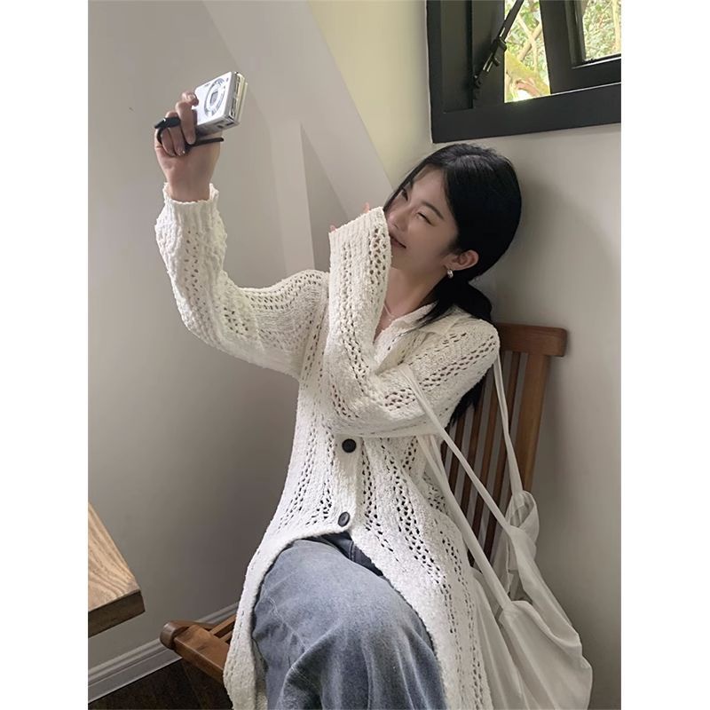 [F &amp; X] Niche Áo Khoác Cardigan Dệt Kim Tay Dài Dáng Rộng Rỗng Phong Cách Mới Mùa Xuân Cho Nữ