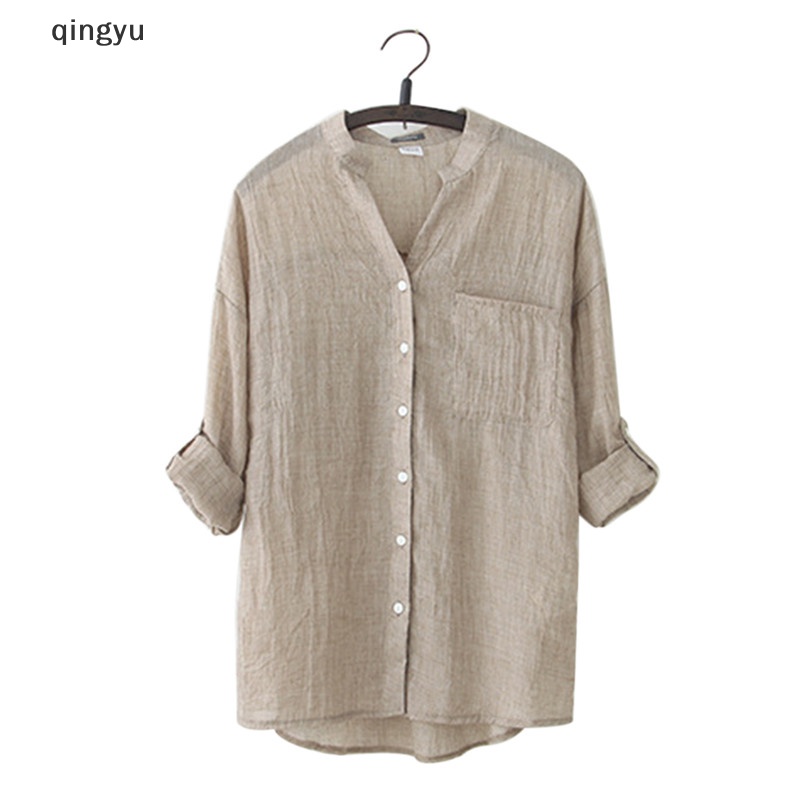 Áo Sơ Mi Vải Lanh Dáng Rộng Tay Dài Cài Nút Thời Trang Mùa Thu Cho Bạn Gái