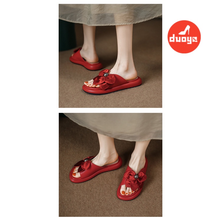 Duoya Dép Sandal Đế Dày Hở Ngón Quai Ngang Đính Hoa Kiểu Pháp Dễ Phối Đồ Thời Trang Cho Nữ