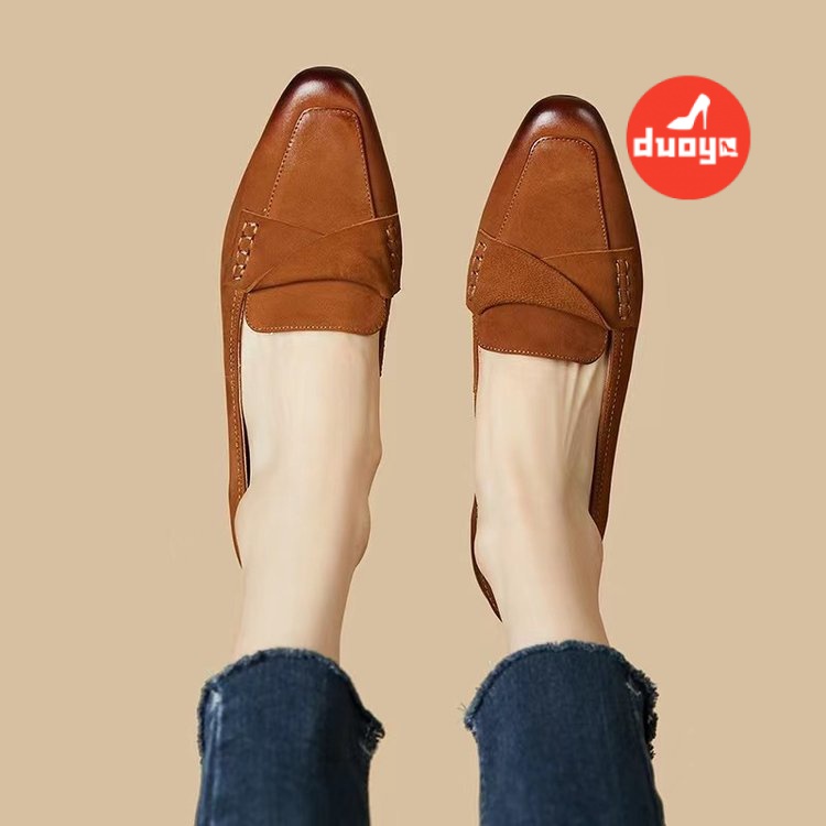 Tóc Duoya Thẳng ~ [Hàng Có Sẵn] Giày Búp Bê Mũi Vuông Đế Mềm Phẳng Gót Thấp Phối Màu Khóa Kim Loại Hợp Thời Trang Cho Nữ (3cm) Giày Cao Su Mũi Nhọn Thời Trang Thanh Lịch Cho Nữ