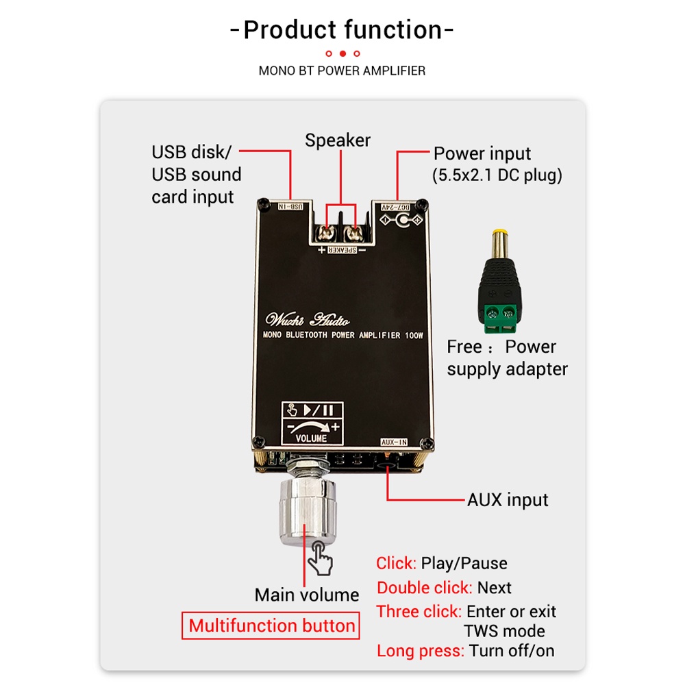 Bảng mạch RIRIHI khuếch đại âm thanh kỹ thuật số kênh đơn ZK-1001B TPA3116 100W DC 7V 24V TPA3116