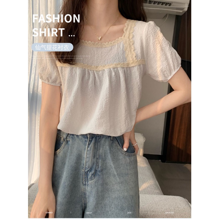 Áo Chiffon Tay Ngắn Cổ Vuông Phối Ren Thời Trang Mùa Hè Hàn Quốc Mới Cho Nữ