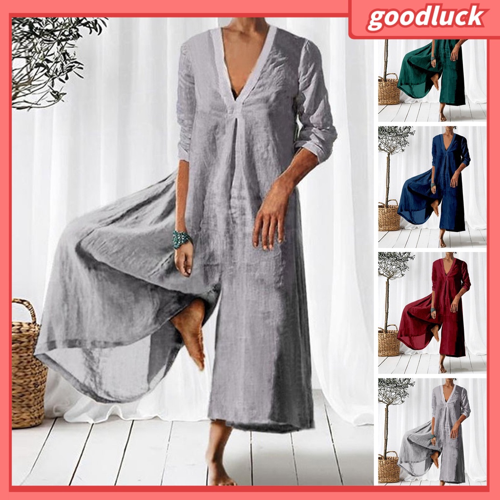 Áo Liền Quần Cổ Chữ V Tay 3 / 4 Ống Rộng Màu Sắc Trơn Thời Trang Mùa Thu Cho Nữ