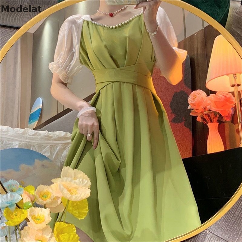 Đầm Midi Cổ Vuông Tay Ngắn Cột Dây Đính Hạt Ngọc Trai Thời Trang Mùa Hè Xinh Xắn Cho Nữ