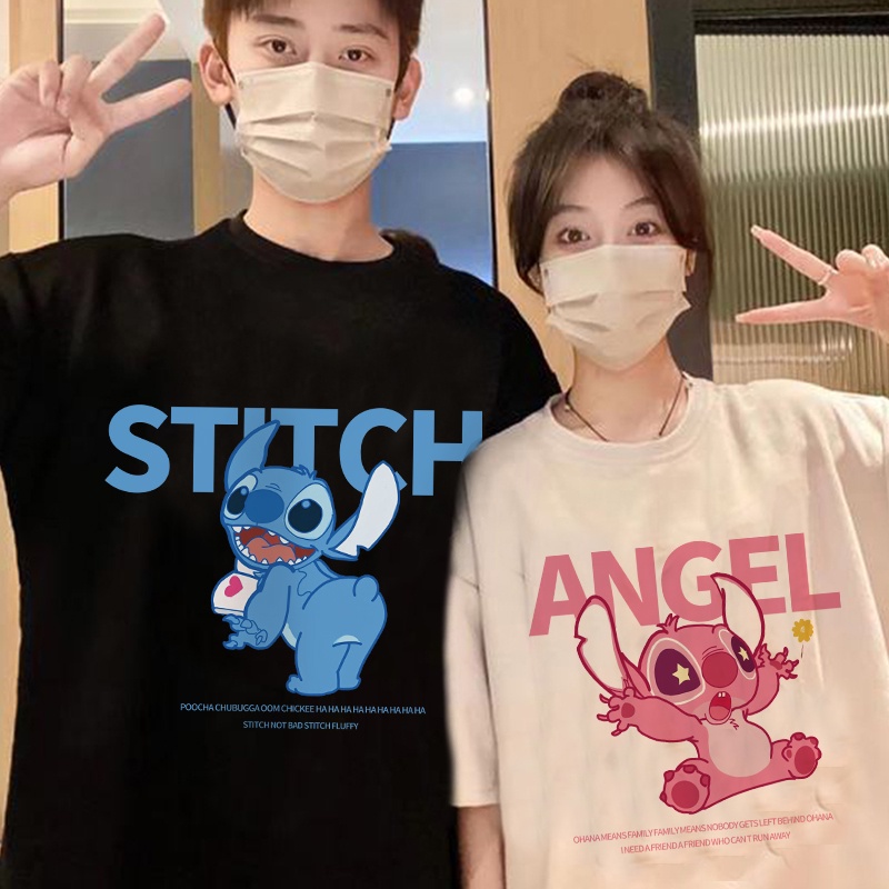 Áo Thun Tay Ngắn Cổ Tròn Dáng Rộng In Hoạt Hình Stitch Phong Cách Nhật Bản Thời Trang Mùa Hè Cho Cặp Đôi
