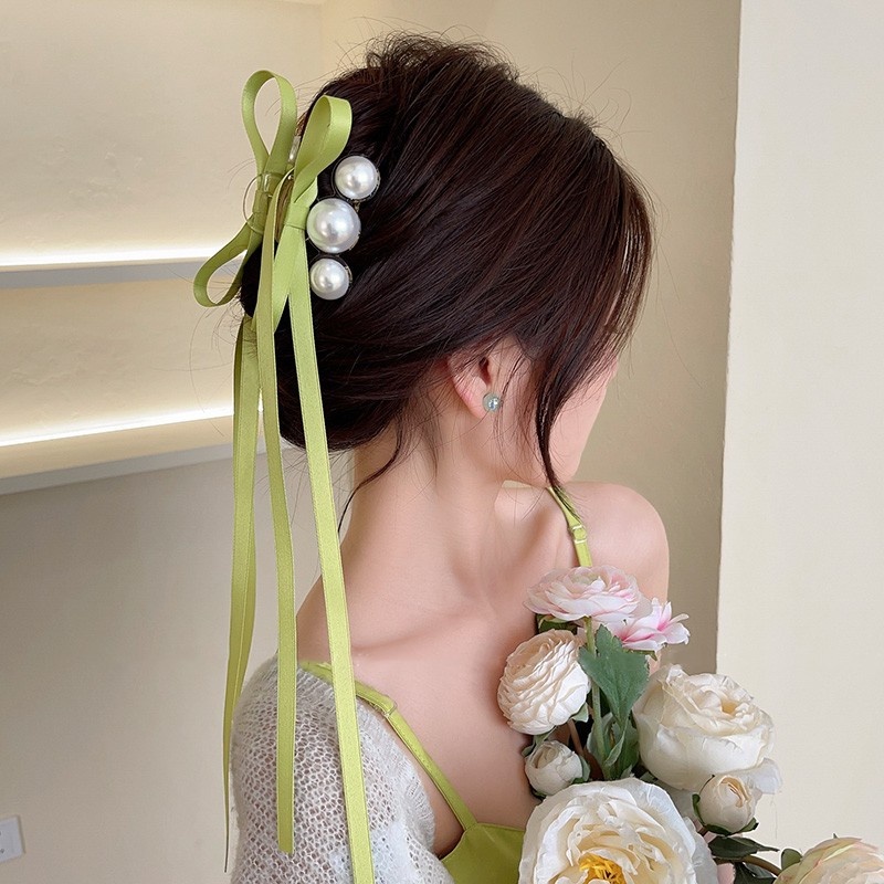 Kẹp Tóc Nơ Satin Cỡ Lớn Đính Ngọc Trai Đen Thời Trang 2023