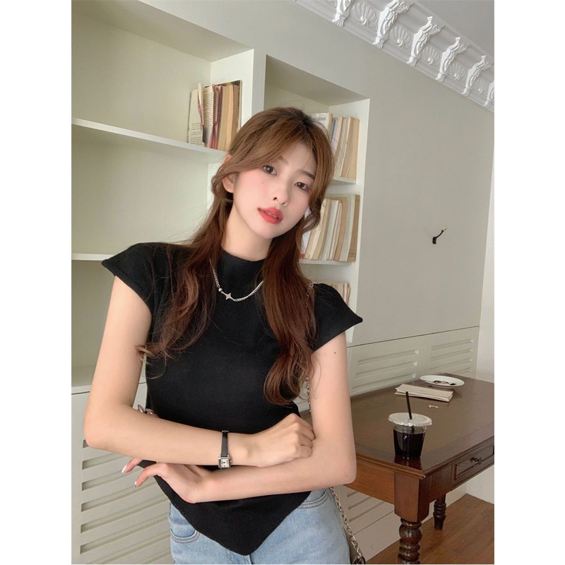 Áo Thun Croptop Tay Ngắn Cổ Lọ Thiết Kế Lệch Tà Kiểu Hàn Quốc Thời Trang Mùa Hè Cho Nữ