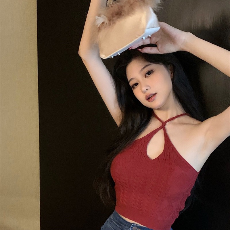 Áo Dệt Kim Hai Dây Màu Trơn Phong Cách Retro Mùa Hè Dễ Phối Đồ Cho Nữ