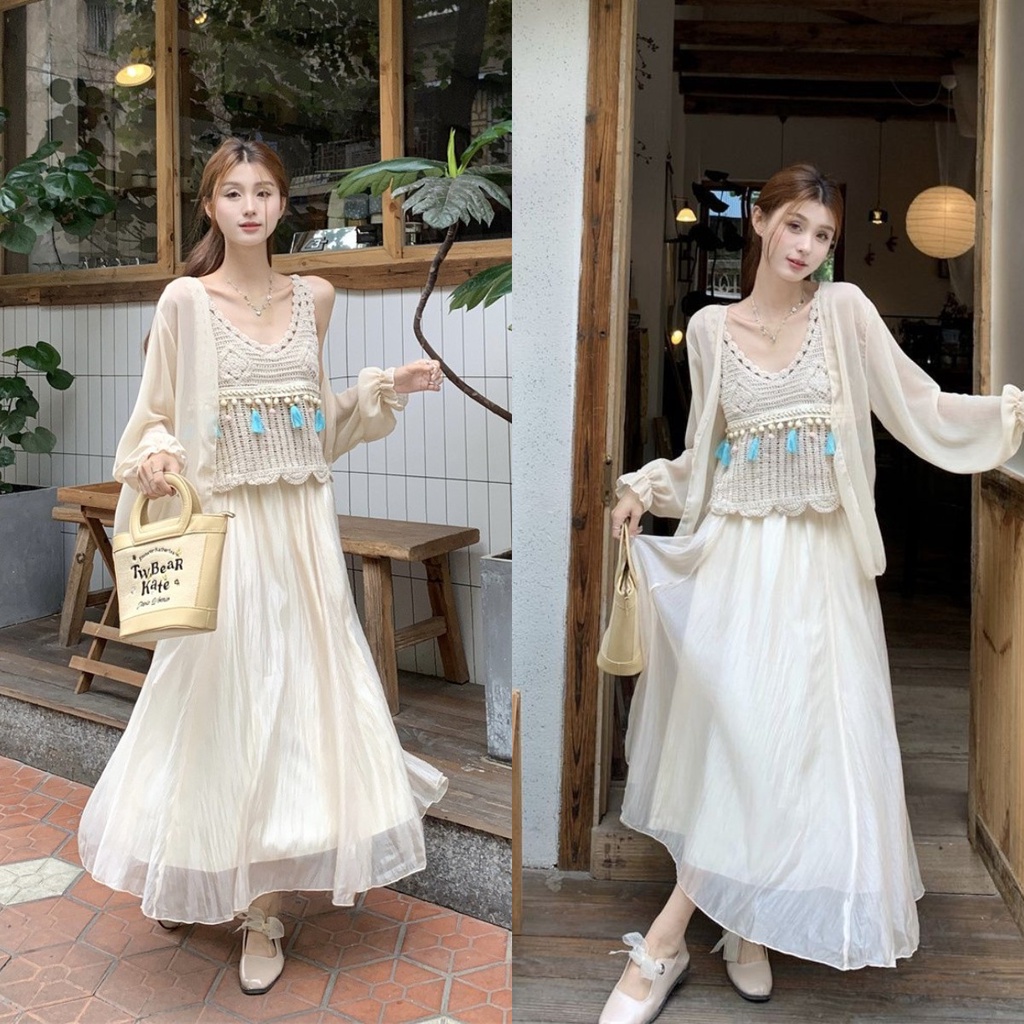 Set Áo Chiffon Chống Nắng + Áo Hai Dây + Chân Váy Xinh Xắn Thời Trang Dành Cho Mùa Hè