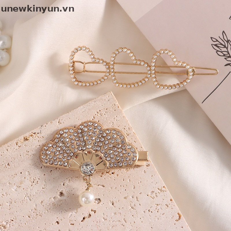 1 Kẹp Tóc Hình Chiếc Quạt / Trái Tim Đính Ngọc Trai Giả Thời Trang Cho Nữ