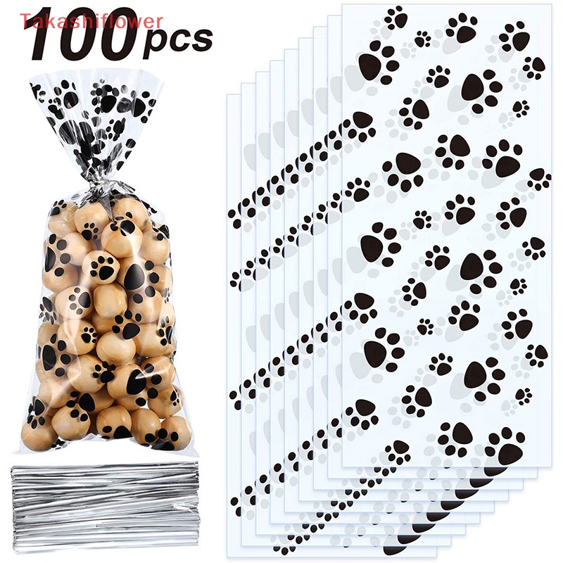 Set 100 Túi Nhựa Bóng Kính In Họa Tiết Chân Thú Cưng Giữ Nhiệt Đựng Bánh Kẹo Tiện Dụng