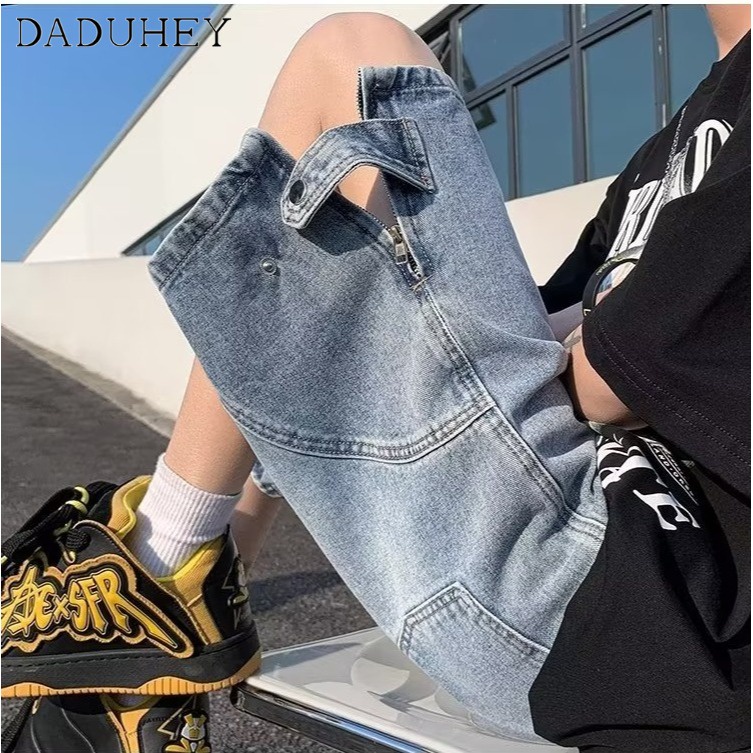 DaDuHey Men's 2023 Summer Thin All-Match Lightweight Loose Casual Shorts Hong Kong Style Fashionable Breathable Sports Denim Tooling Shorts
