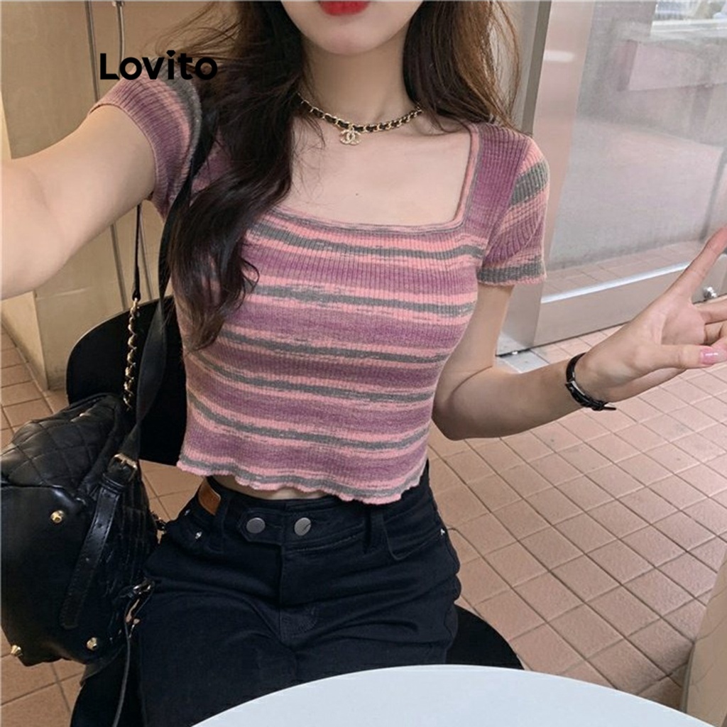 Áo thun Lovito tay ngắn cổ vuông họa tiết sọc phong cách thường ngày dành cho nữ LNA08131 (hồng)