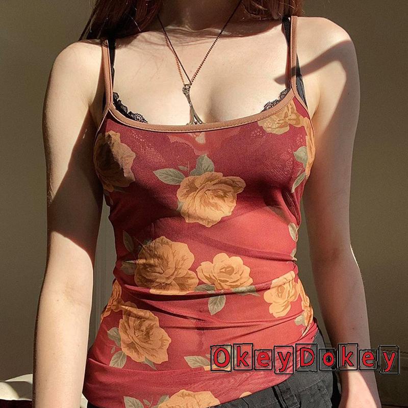 Áo Lưới Hai Dây Cổ Vuông In Họa Tiết Hoa Phong Cách Vintage Đường Phố Cho Nữ