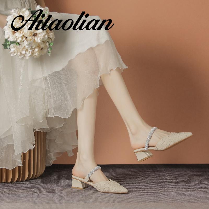 Dép Cao Gót 4cm Mũi Nhọn Đế Mềm Đính Nơ Cho Nữ