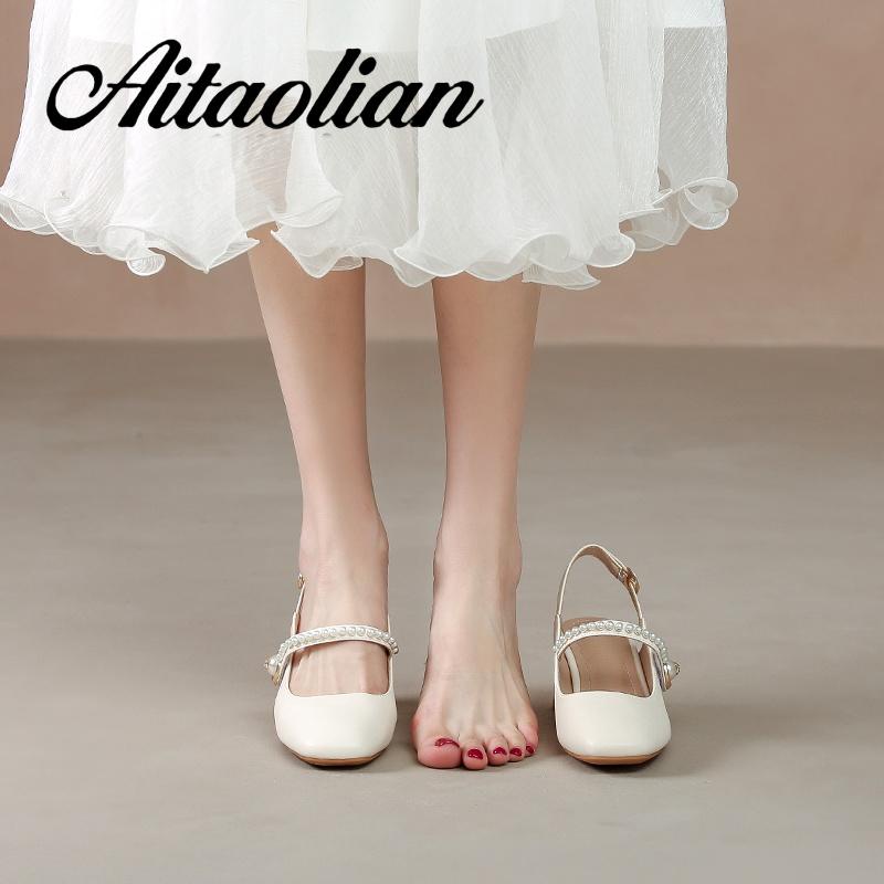 Xăng đan Cao Gót 5cm Da Mềm Mũi Vuông Màu Trơn Đính Ngọc Trai Thời Trang Cho Nữ