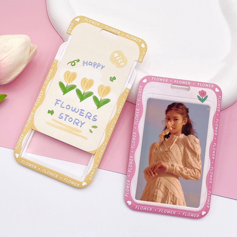 Bộ Ví Đựng Thẻ ID / Móc Khóa Họa Tiết Hoa Xinh Xắn Cho Học Sinh