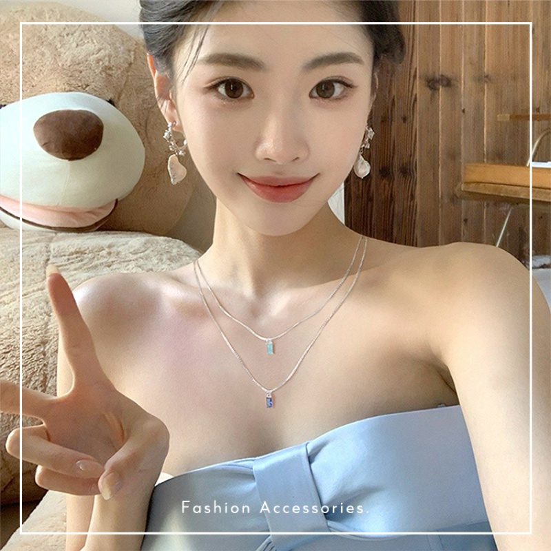 Vòng cổ Mặt Vuông Đính Đá Zircon Màu Xanh Dương Thời Trang Cho Nữ