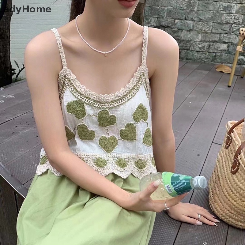 Áo Hai Dây Mùa Hè Dáng Suông Không Tay Thêu Họa Tiết Trái Tim Cổ Điển Cho Nữ