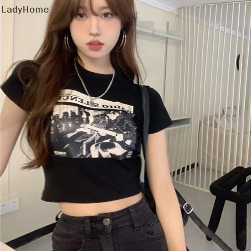Áo Thun Crop Top Tay Ngắn Cổ Tròn In Họa Tiết Retro Mỹ Thời Trang Mùa Hè Cho Nữ