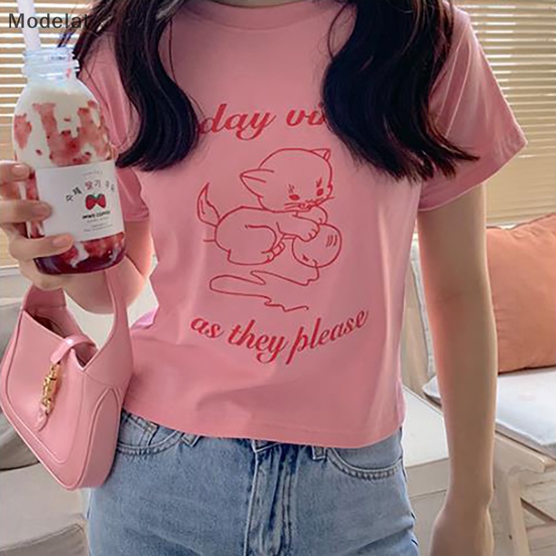 Áo Thun Croptop Tay Ngắn Cổ Tròn In Họa Tiết Mèo Hoạt Hình Thời Trang Mùa Hè Xinh Xắn Cho Nữ