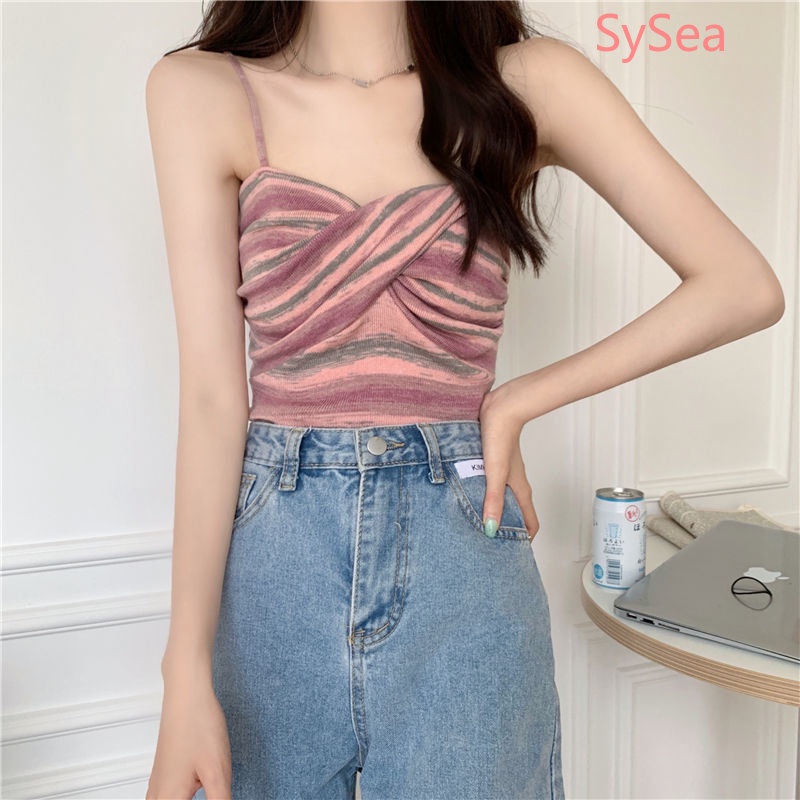 Áo Hai Dây Dệt Kim Kẻ Sọc Thời Trang Mùa Hè Hàn Quốc Cho Nữ